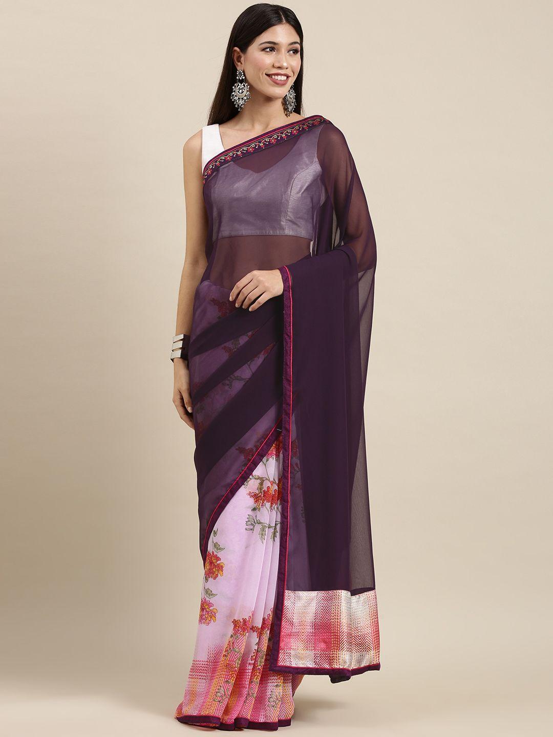 vastranand pink & purple floral print half and half saree