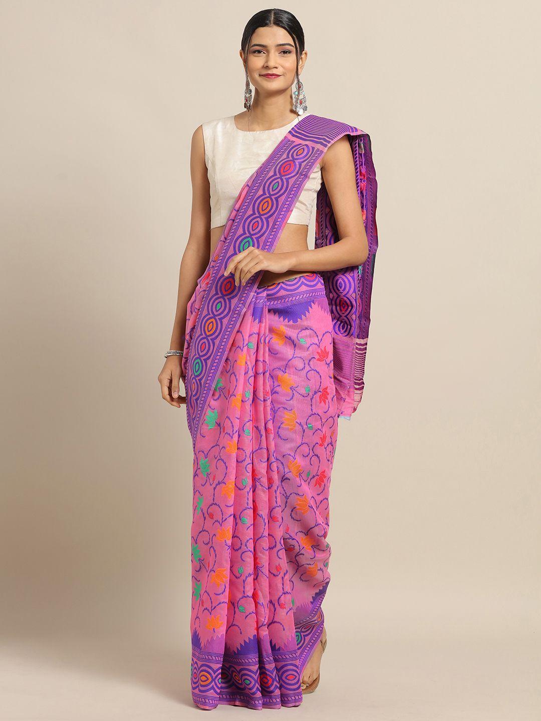 vastranand pink & purple silk cotton woven design jamdani saree