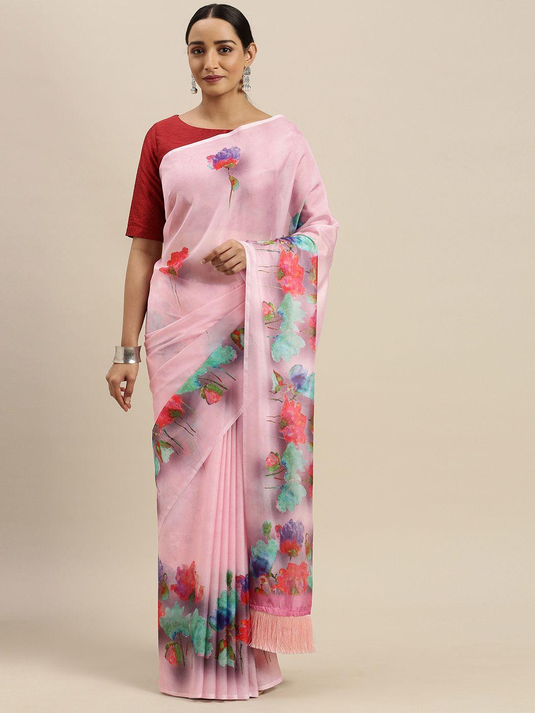 vastranand pink & red pure silk floral printed saree