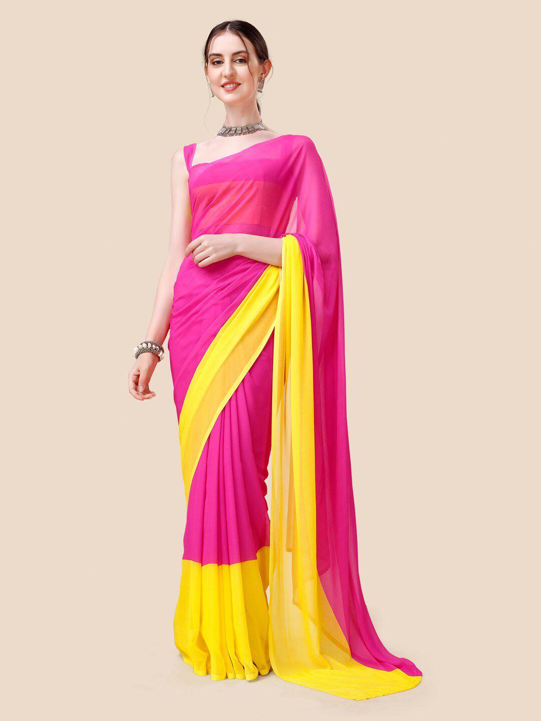 vastranand pink & yellow colourblocked poly georgette celebrity saree
