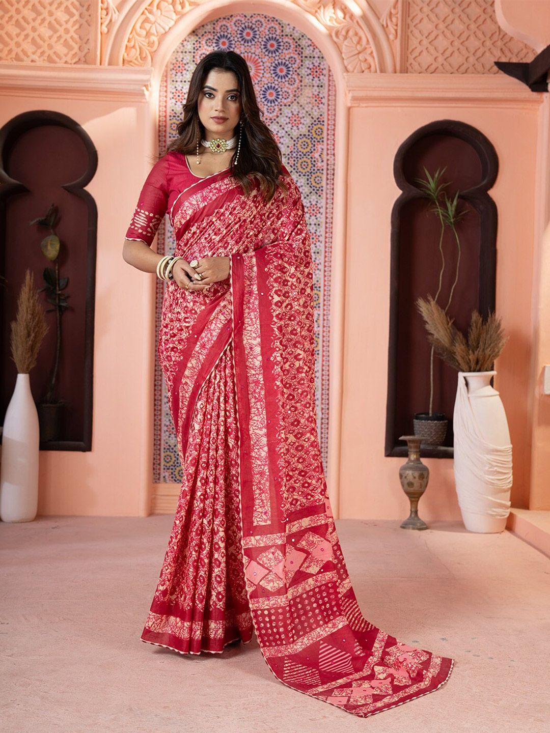 vastranand pink ajrak block mirror work pure cotton designer bagru saree