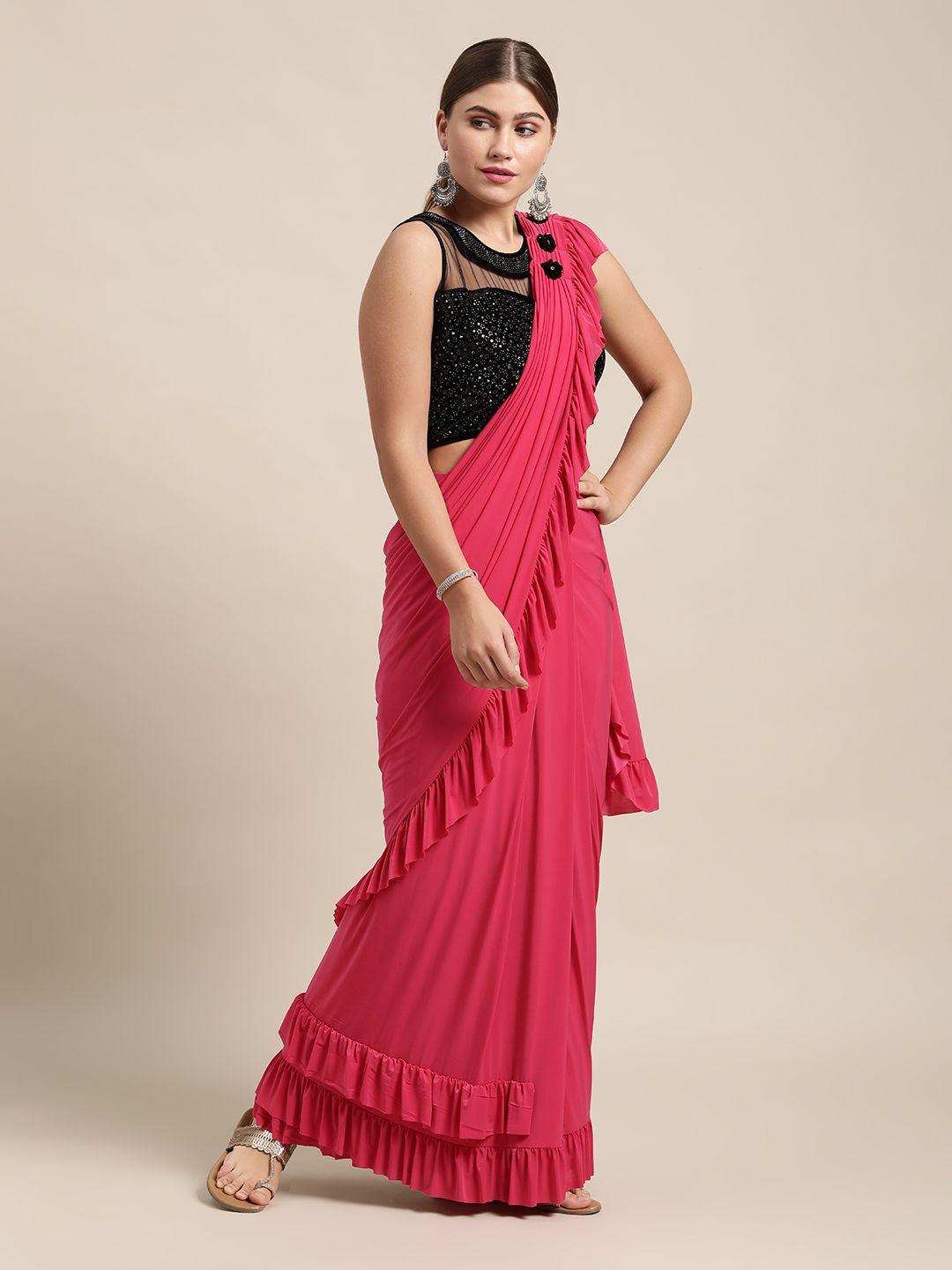 vastranand pink beads and stones ruffled ready to wear saree with embellished blouse