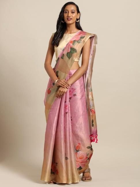 vastranand pink floral print saree with unstitched blouse