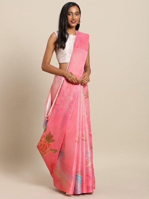 vastranand pink floral print saree with unstitched blouse