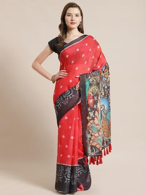 vastranand red & black ikkat print saree with unstitched blouse