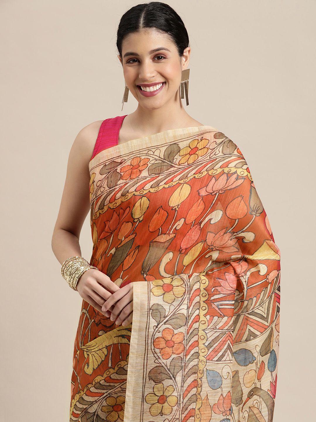 vastranand red & cream-coloured kalamkari jaali linen blend saree