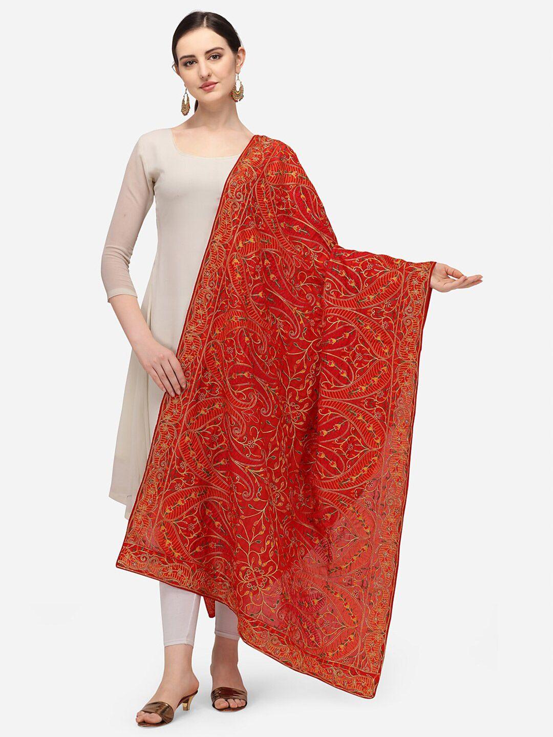 vastranand red & gold-toned ethnic motifs embroidered dupatta