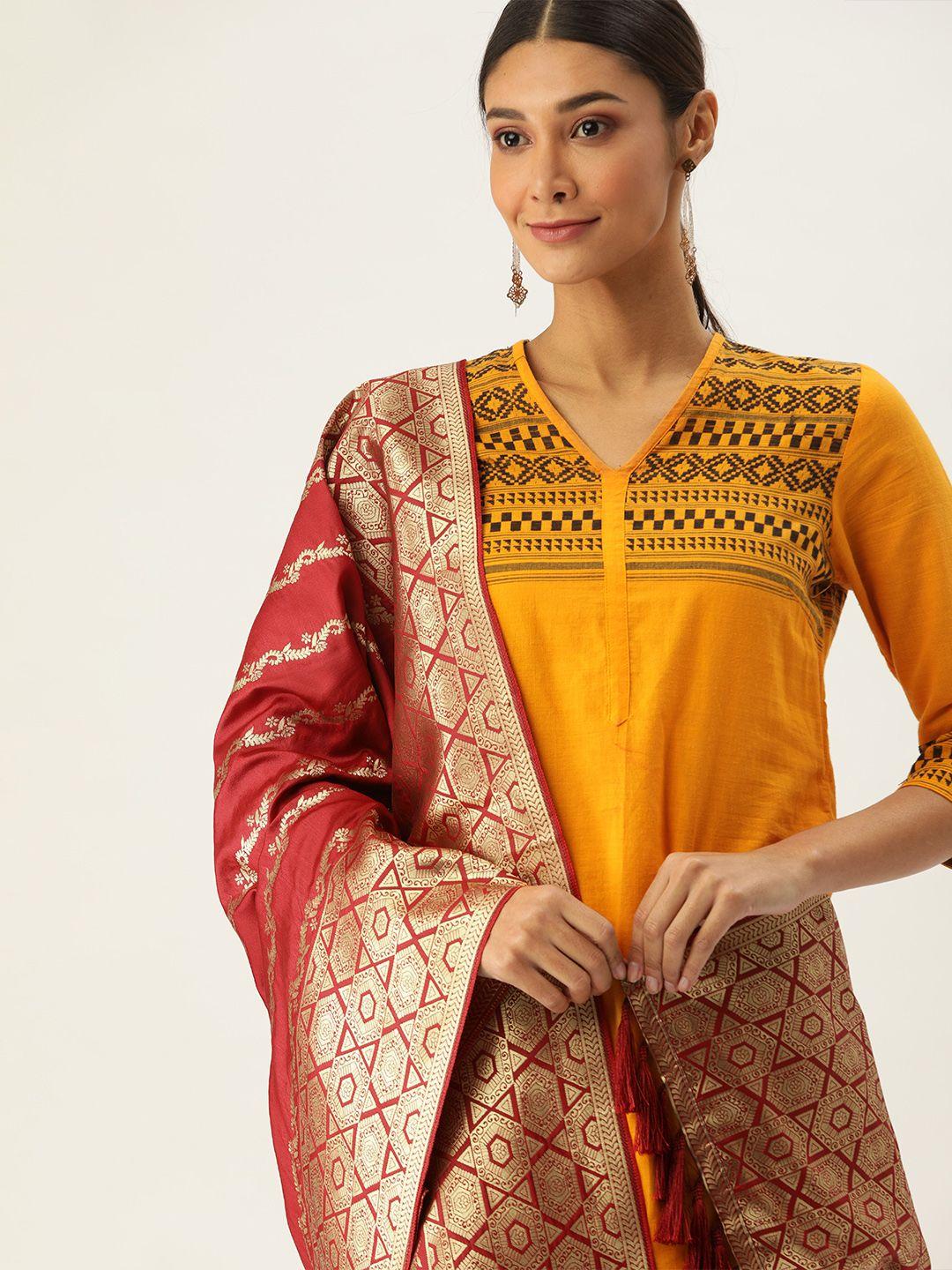 vastranand red & gold-toned woven design dupatta