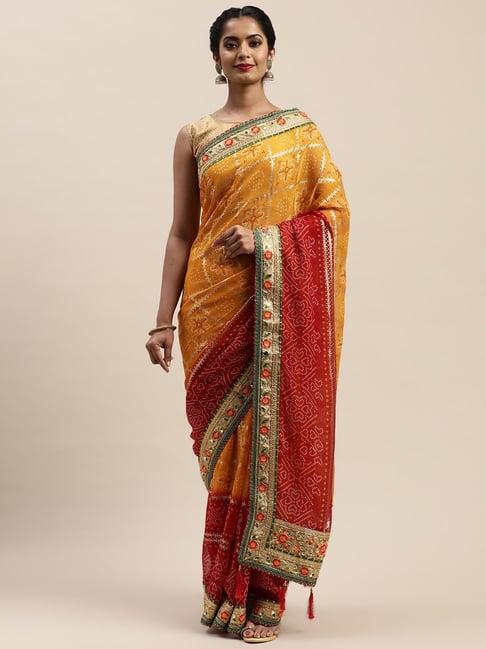 vastranand red & yellow printed saree with unstitched blouse