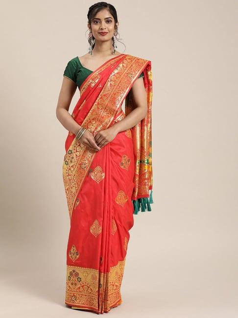 vastranand red woven saree with unstitched blouse