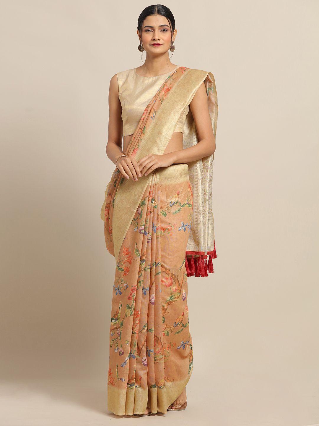 vastranand rust orange & green cotton blend floral printed banarasi saree