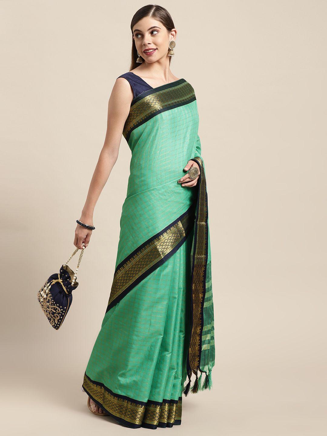 vastranand sea green & navy blue checked zari pure silk gadwal saree