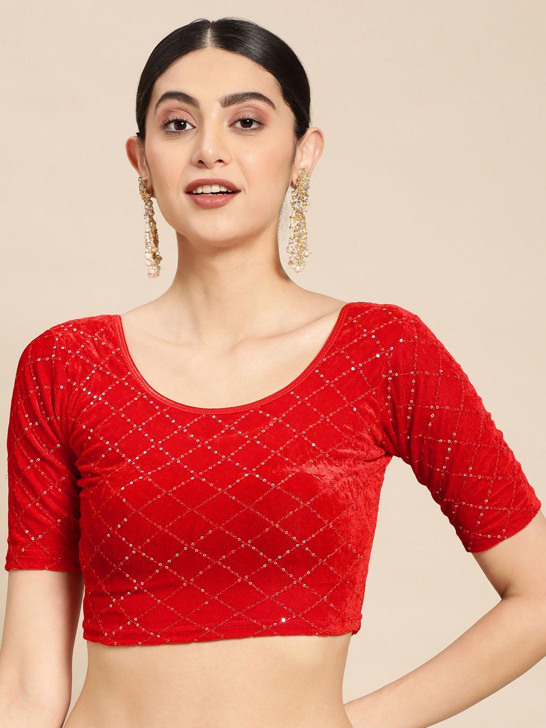 vastranand sequinned embellished velvet stretchable saree blouse