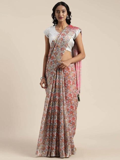 vastranand sky blue linen floral print saree with unstitched blouse