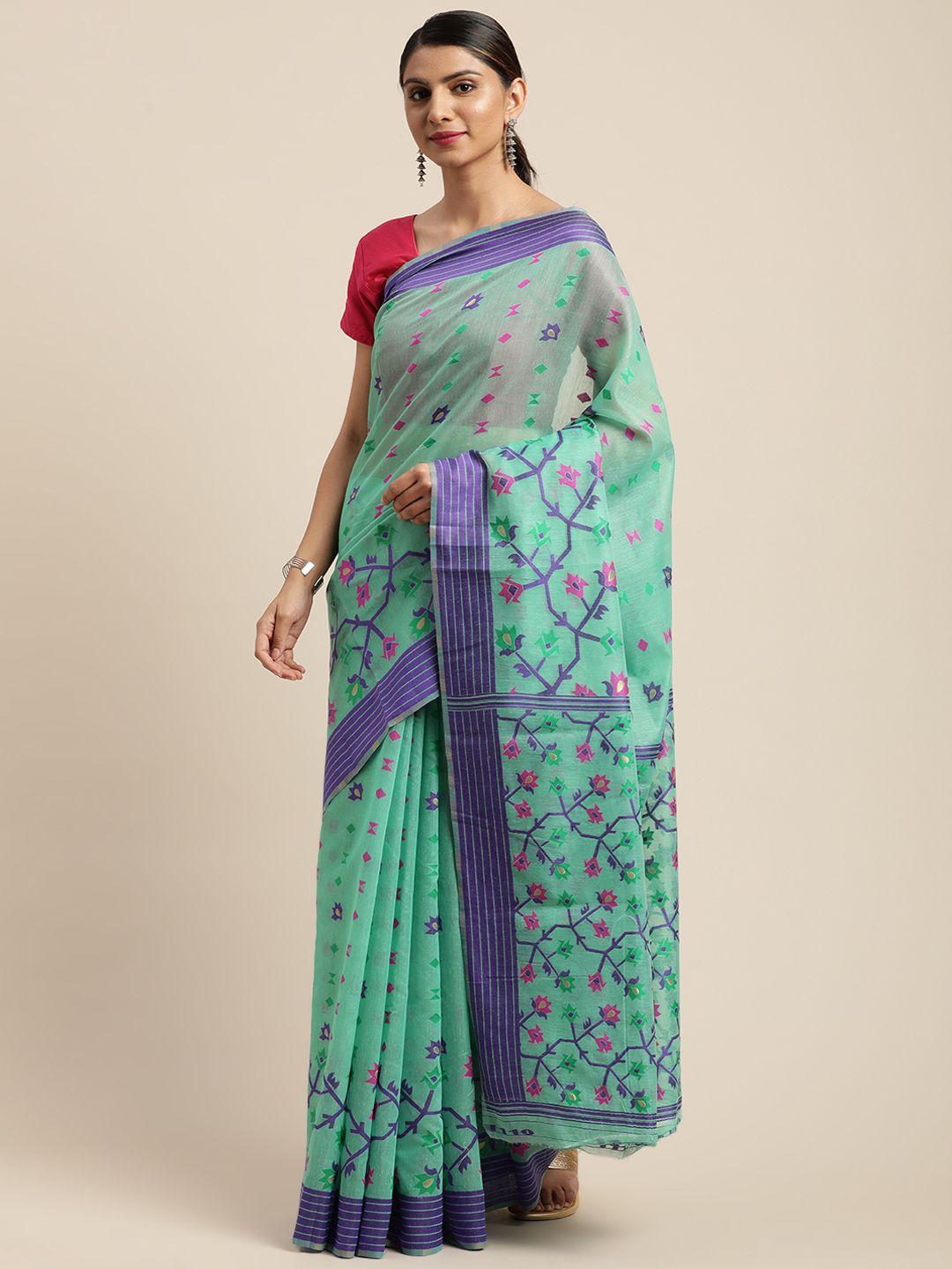 vastranand teal & blue woven design jamdani saree