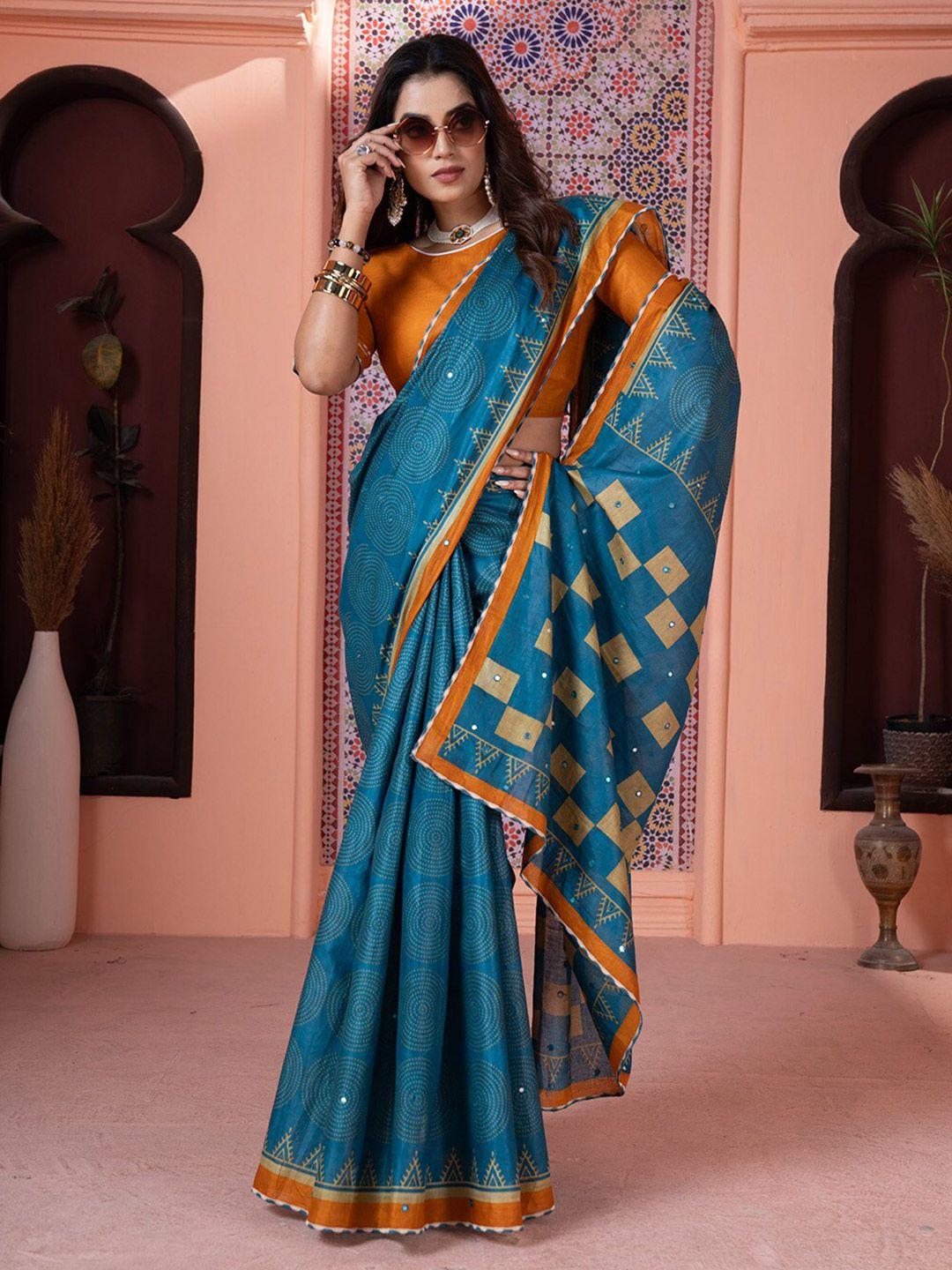 vastranand teal bandhani mirror work pure cotton designer bagru saree