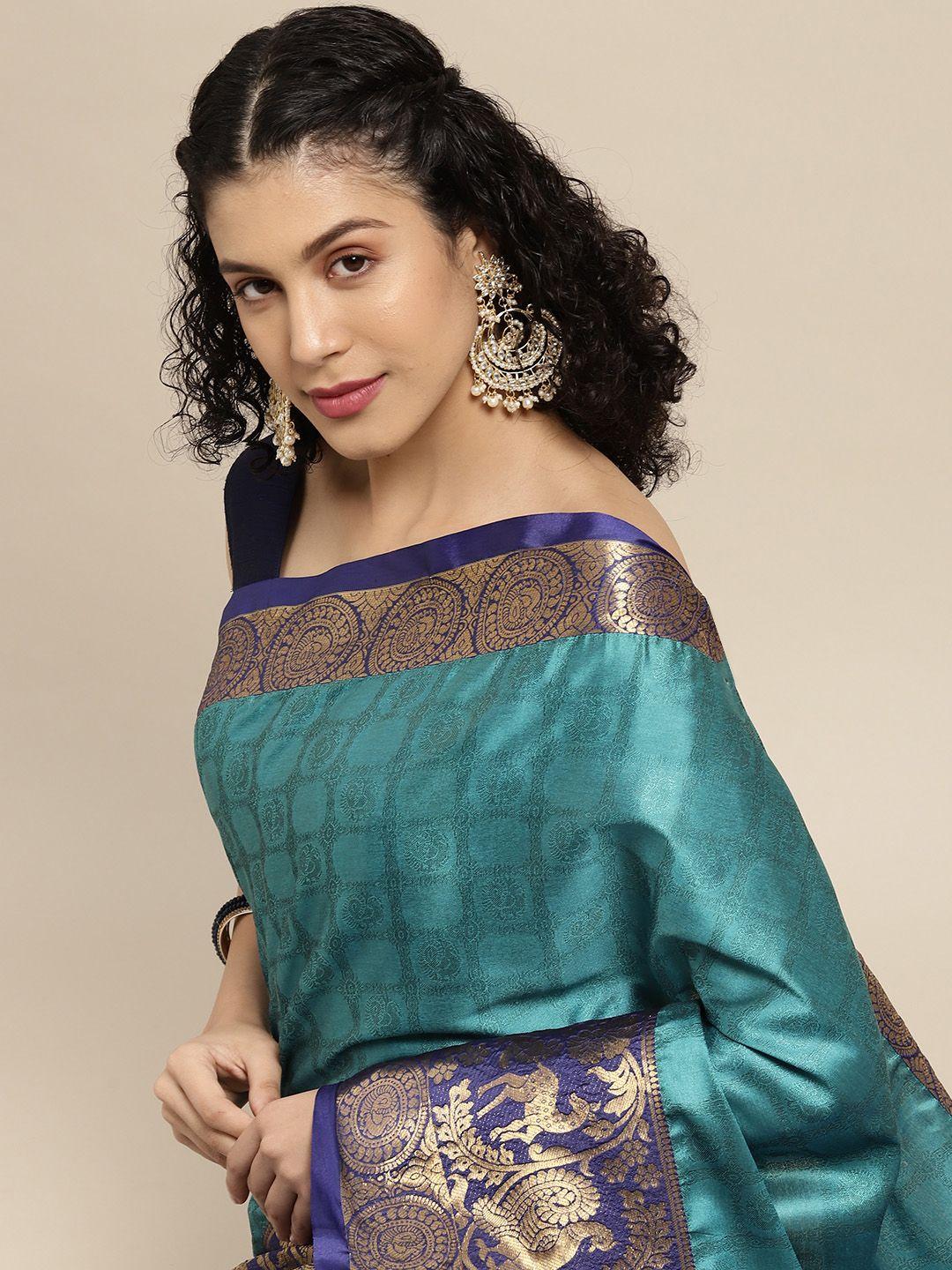 vastranand teal blue woven design banarasi saree