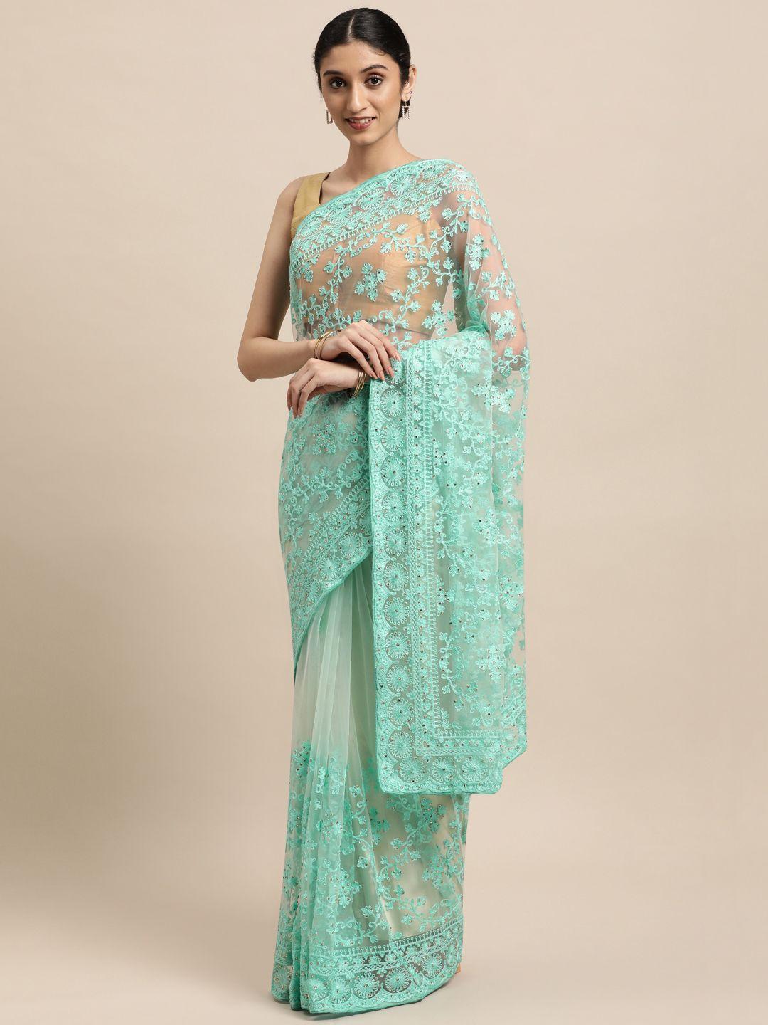 vastranand turquoise blue ethnic motifs net saree