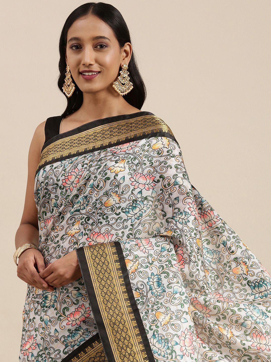 vastranand white & black kalamkari print zari silk blend uppada saree