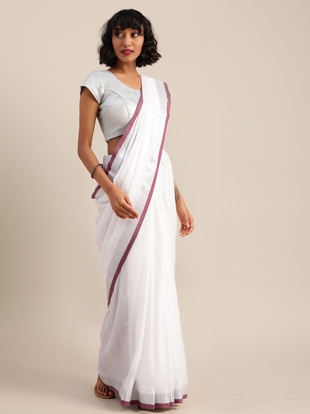 vastranand white & burgundy cotton blend solid bhagalpuri saree