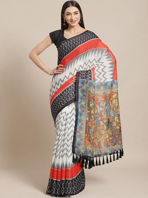 vastranand white & coral printed saree with unstitched blouse