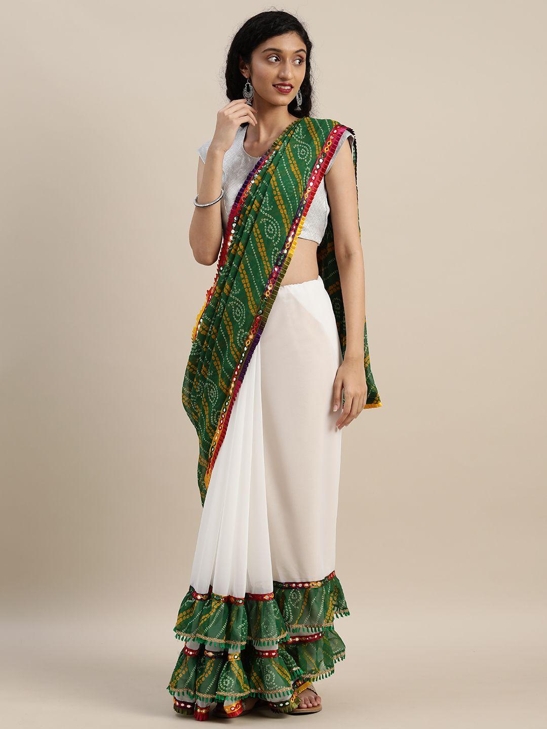 vastranand white & green pure georgette bandhani printed half and half ruffled saree