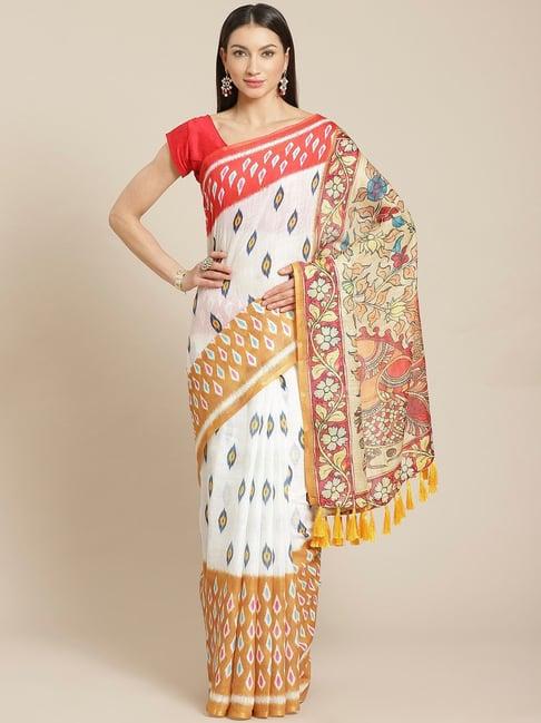 vastranand white & mustard ikkat print saree with unstitched blouse