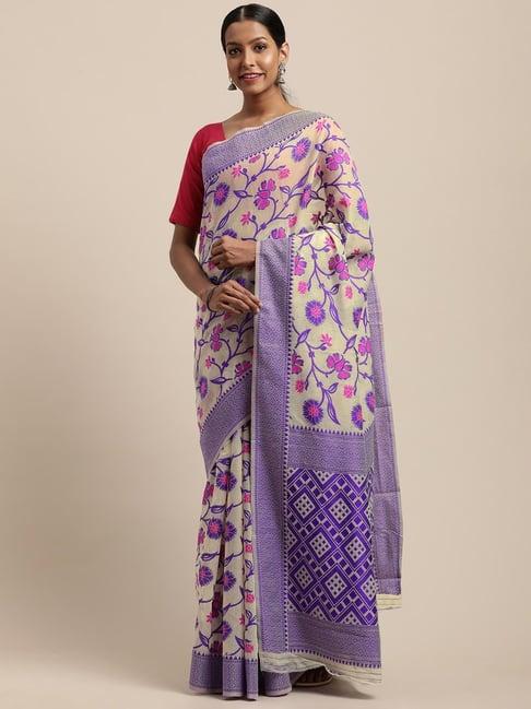 vastranand white & purple woven saree with unstitched blouse