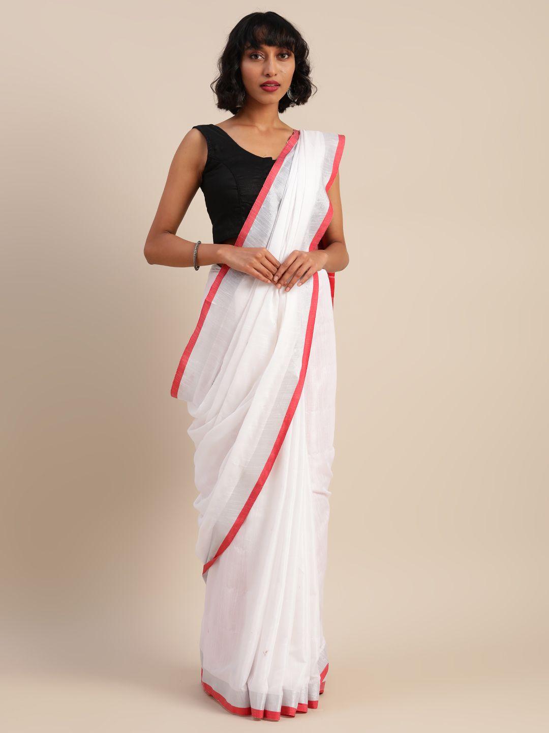 vastranand white & red cotton blend solid bhagalpuri saree