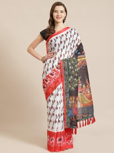 vastranand white & red ikkat print saree with unstitched blouse