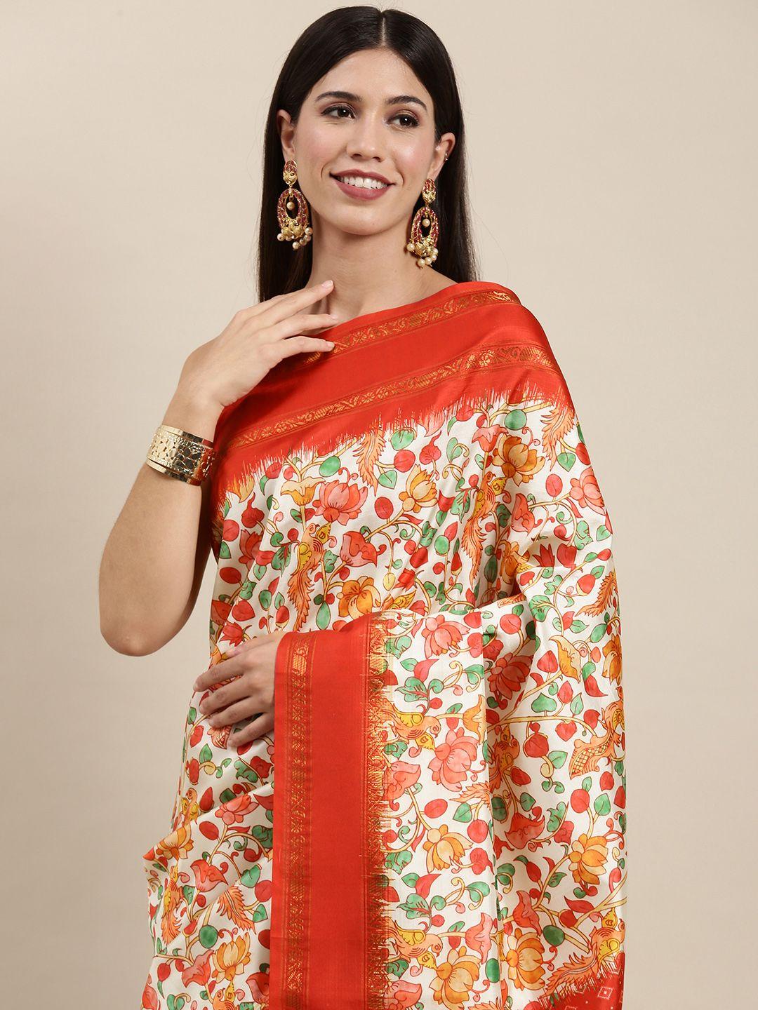 vastranand white & red kalamkari print zari silk blend saree