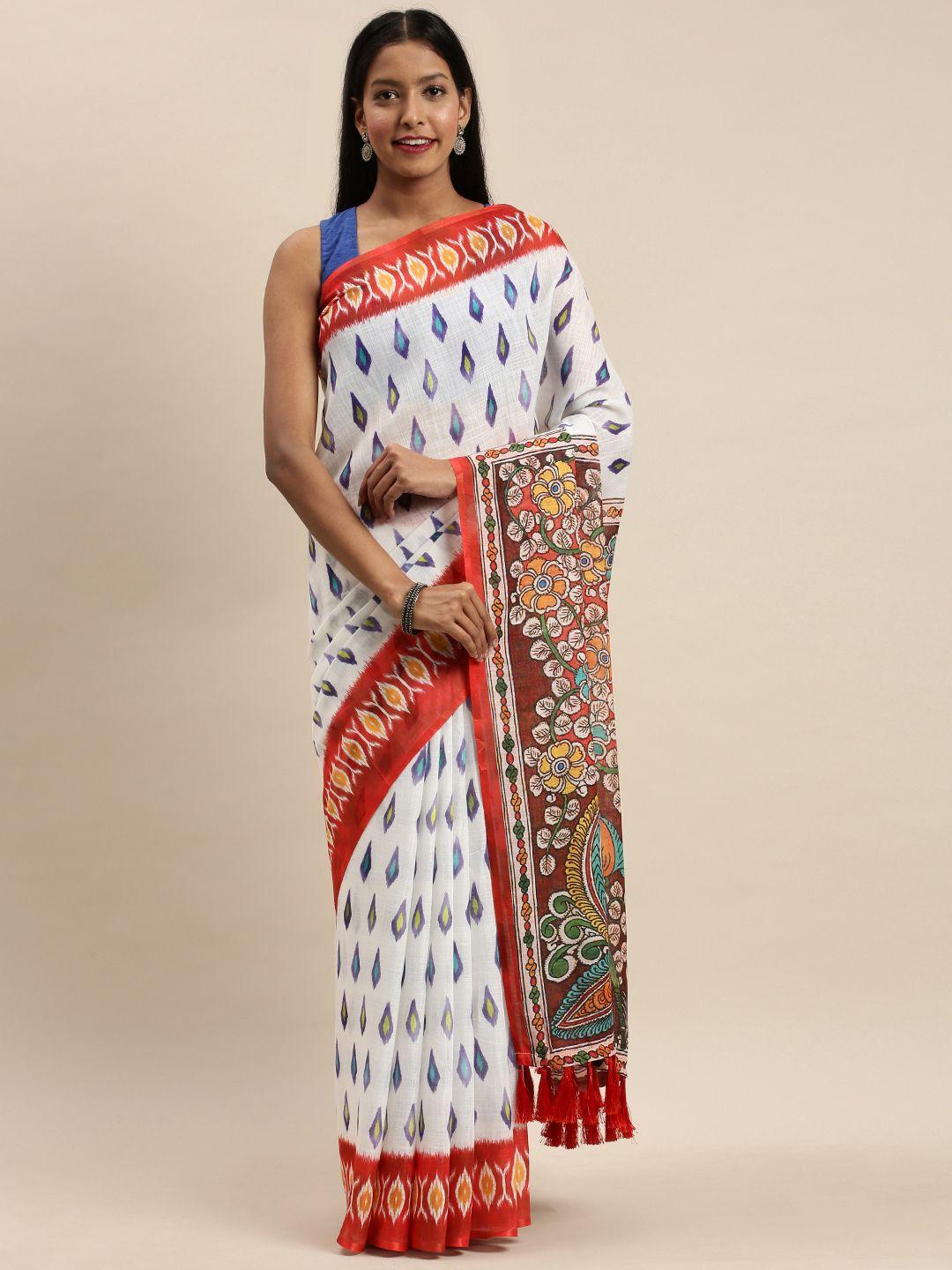 vastranand white & red linen blend printed ikat saree