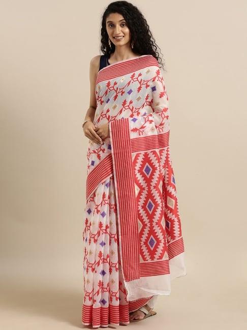 vastranand white & red woven saree with unstitched blouse