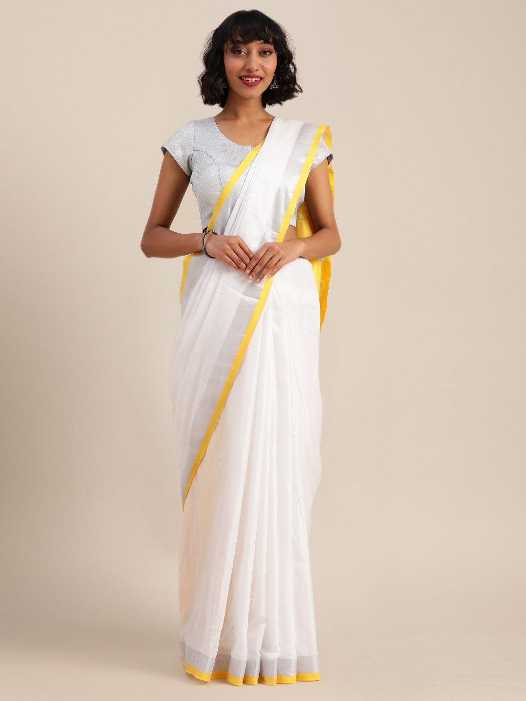 vastranand white & yellow cotton blend solid bhagalpuri saree