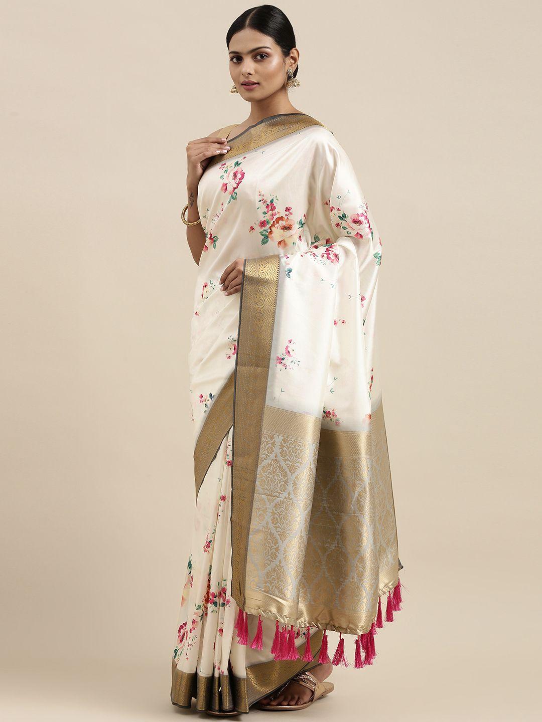 vastranand white floral silk blend banarasi saree