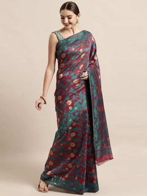vastranand wine & green woven saree with unstitched blouse
