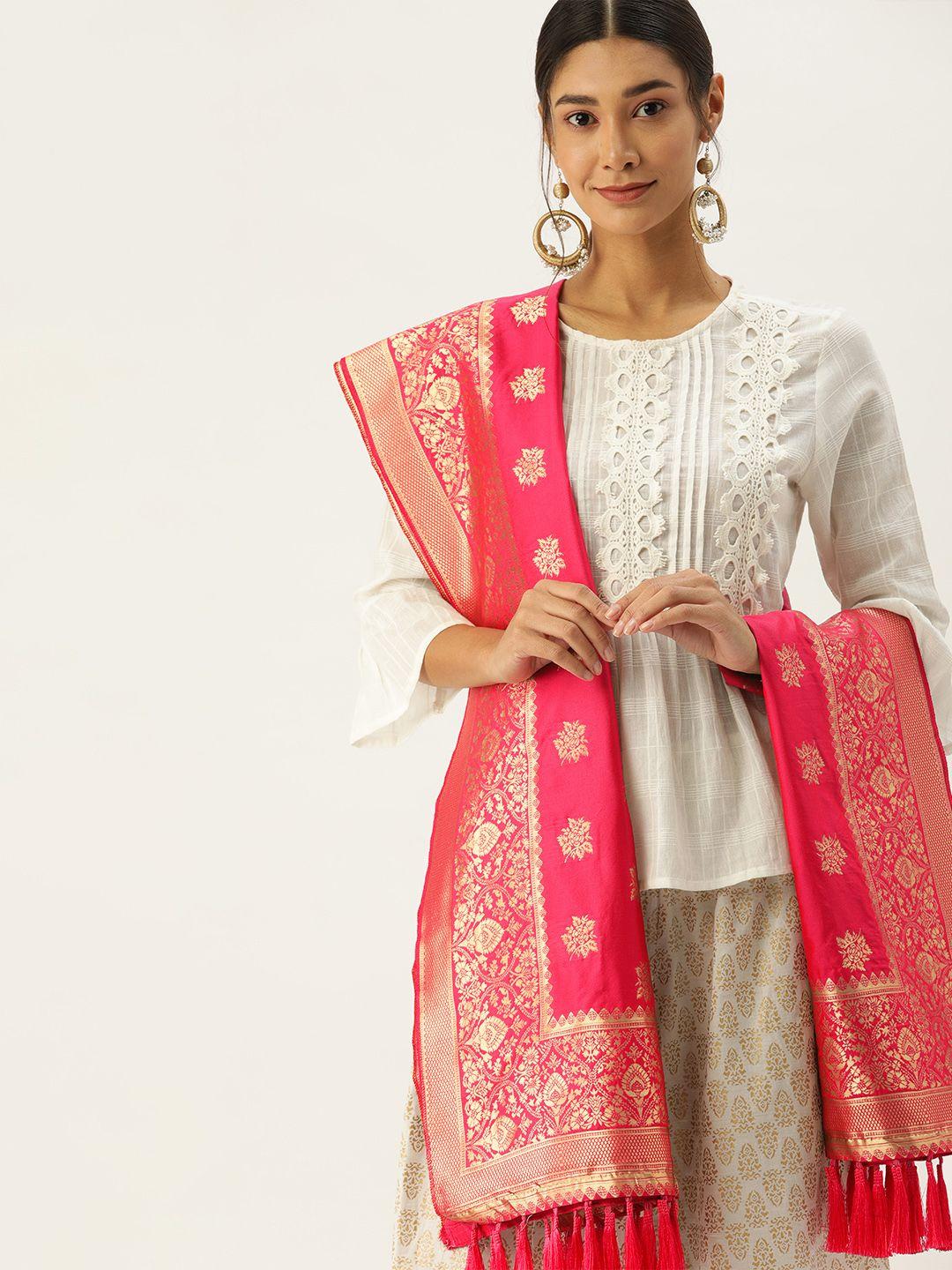 vastranand women pink & gold-toned woven design banarasi dupatta