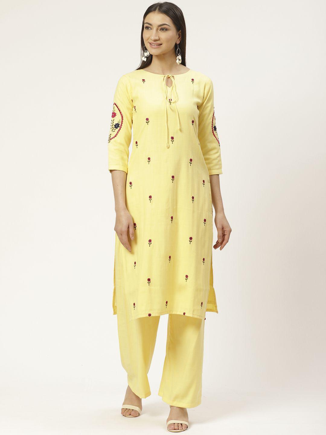 vastranand women yellow & pink hand embroidered kurta with palazzos