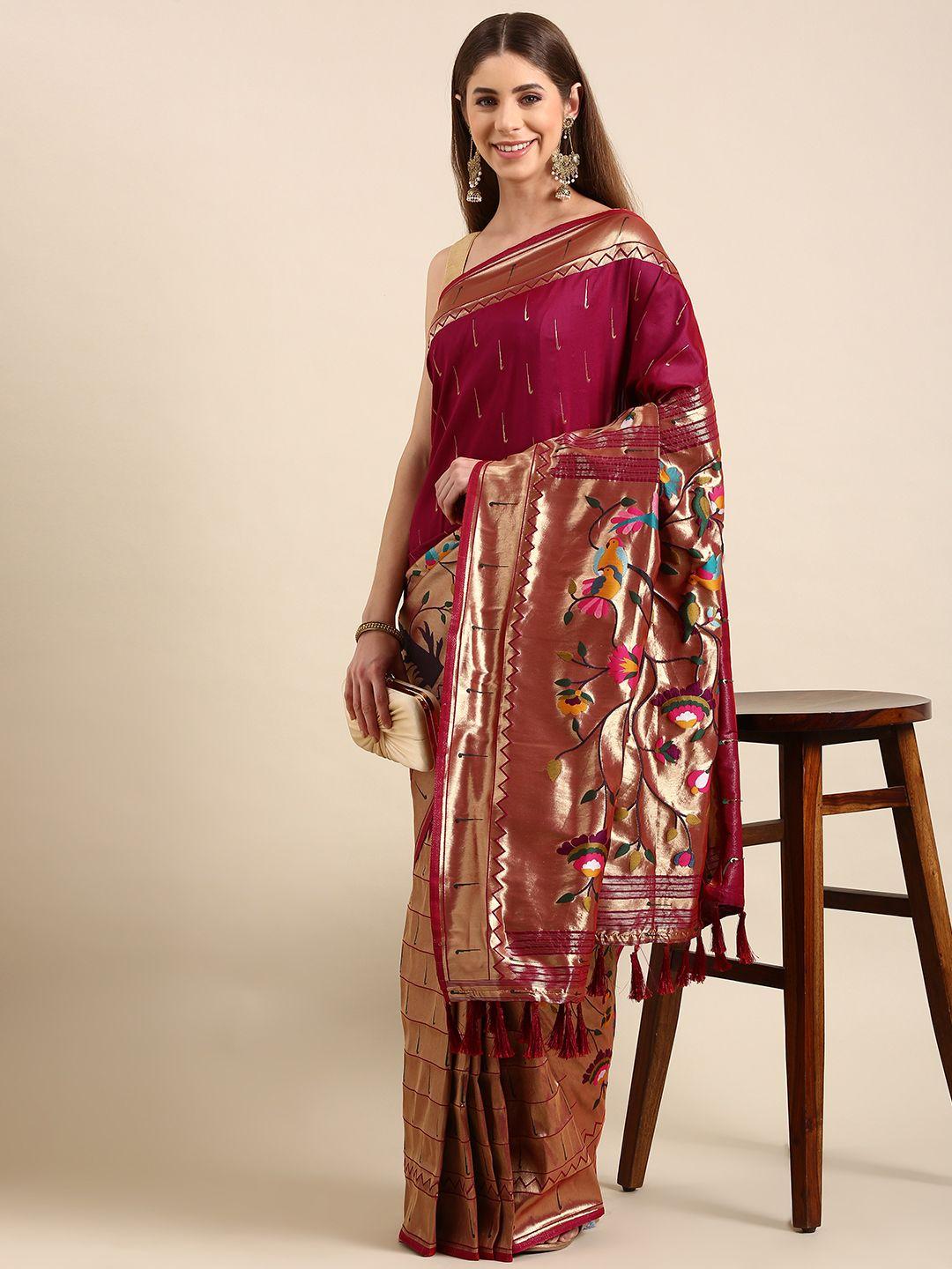 vastranand woven design ethnic motifs zari silk blend paithani saree