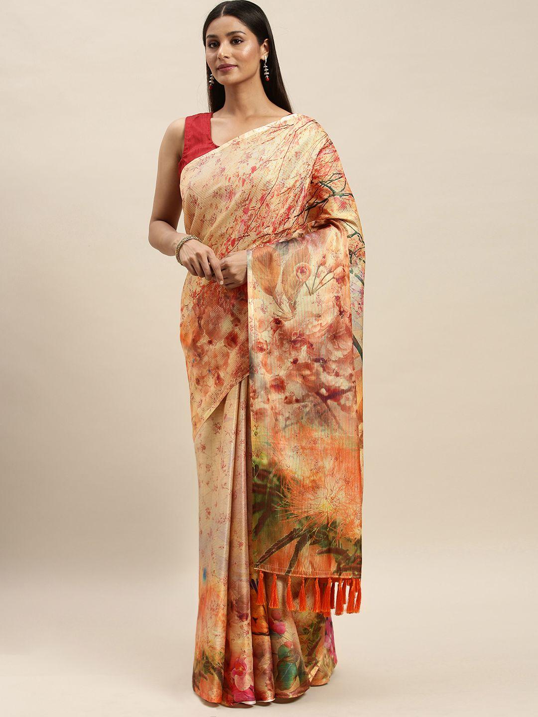 vastranand yellow & beige art silk printed maheshwari saree