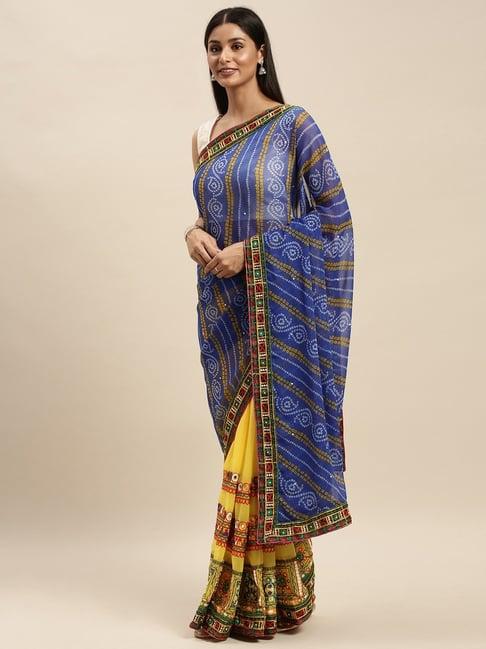 vastranand yellow & blue embellished saree with unstitched blouse
