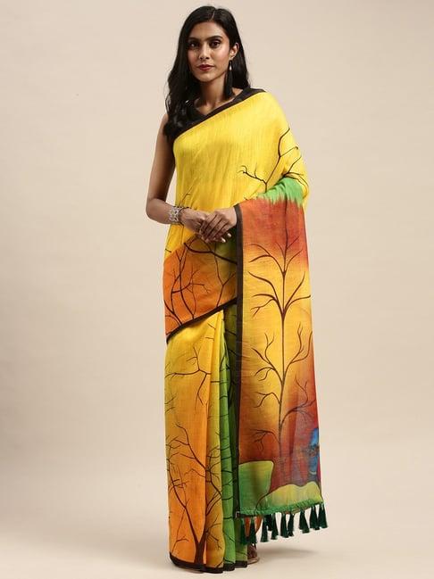 vastranand yellow & green printed saree with unstitched blouse