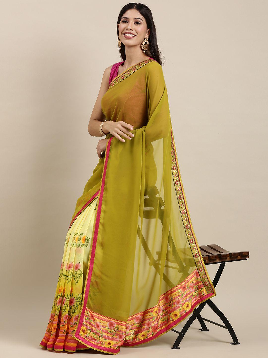 vastranand yellow & olive green floral print half and half saree