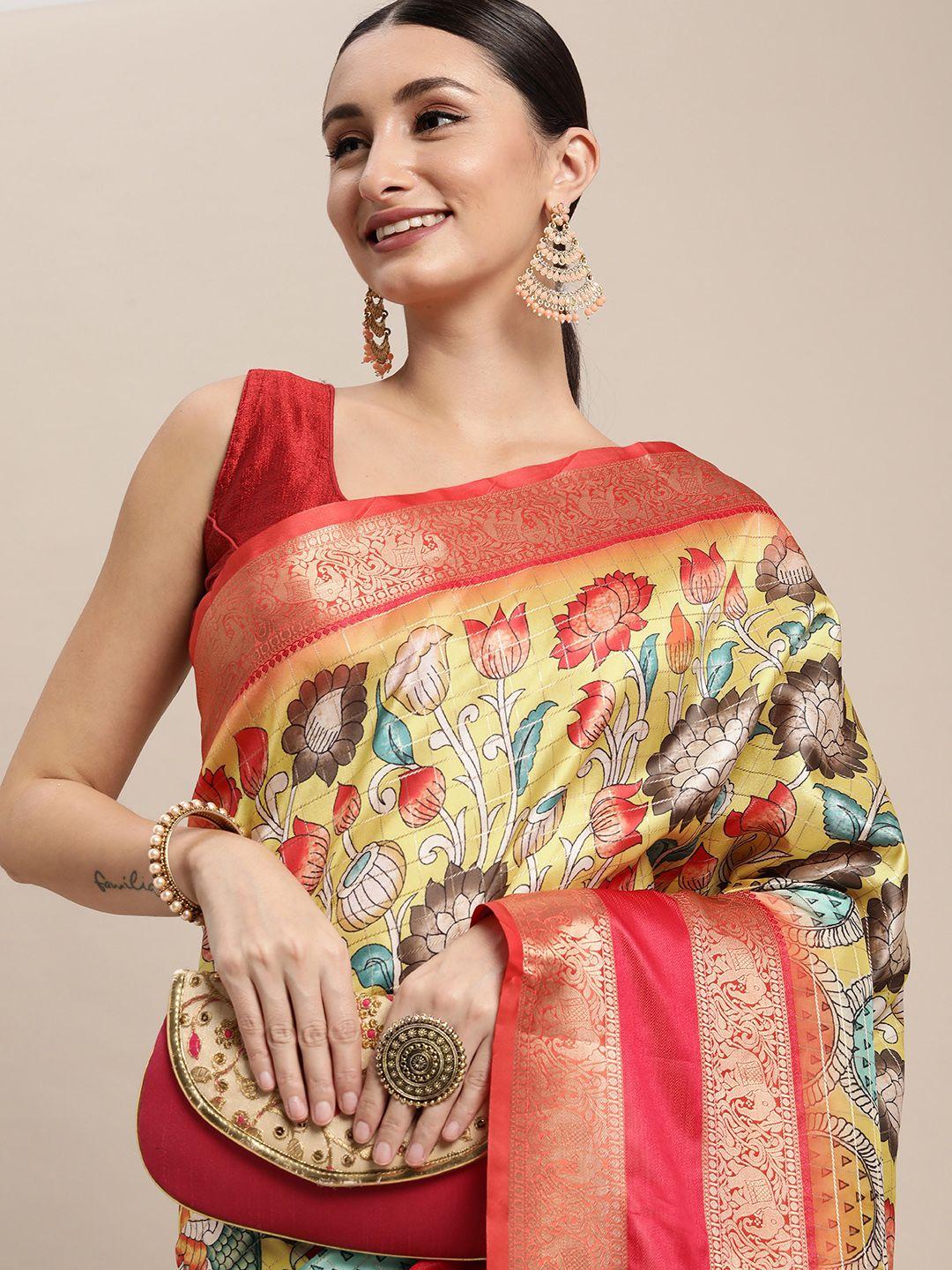 vastranand yellow & pink kalamkari silk blend banarasi saree
