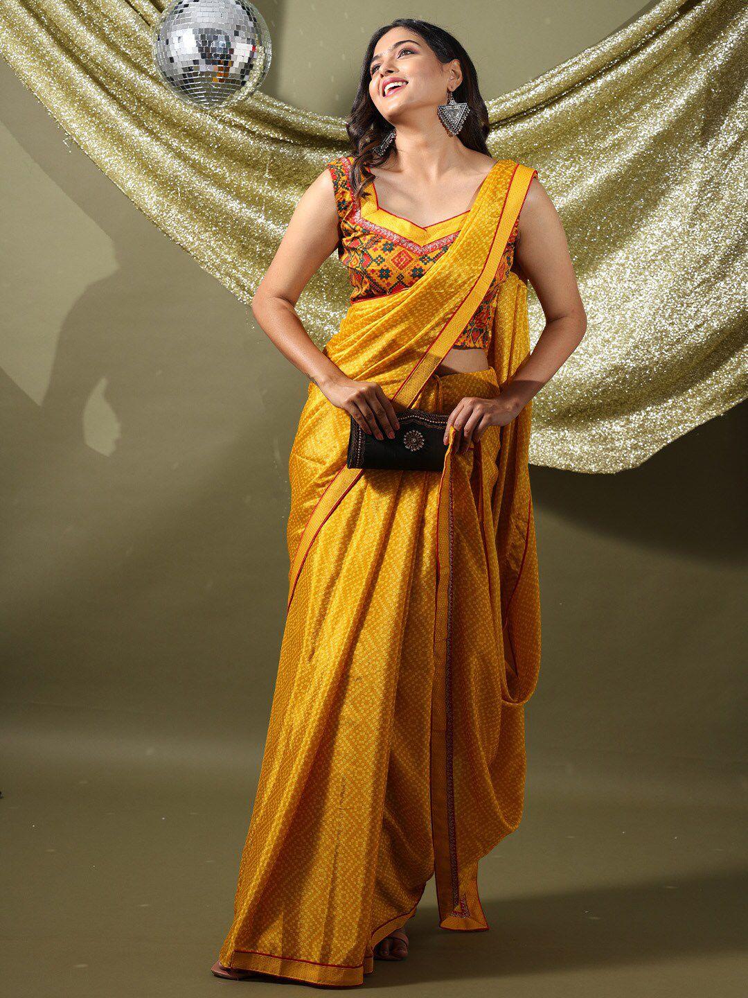 vastranand yellow & red bandhani beads and stones poly georgette saree