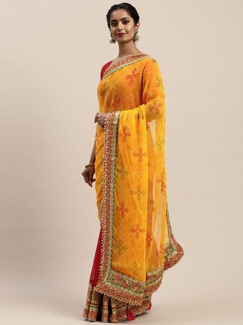 vastranand yellow & red printed saree with unstitched blouse