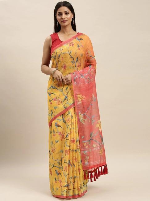 vastranand yellow floral print saree with unstitched blouse