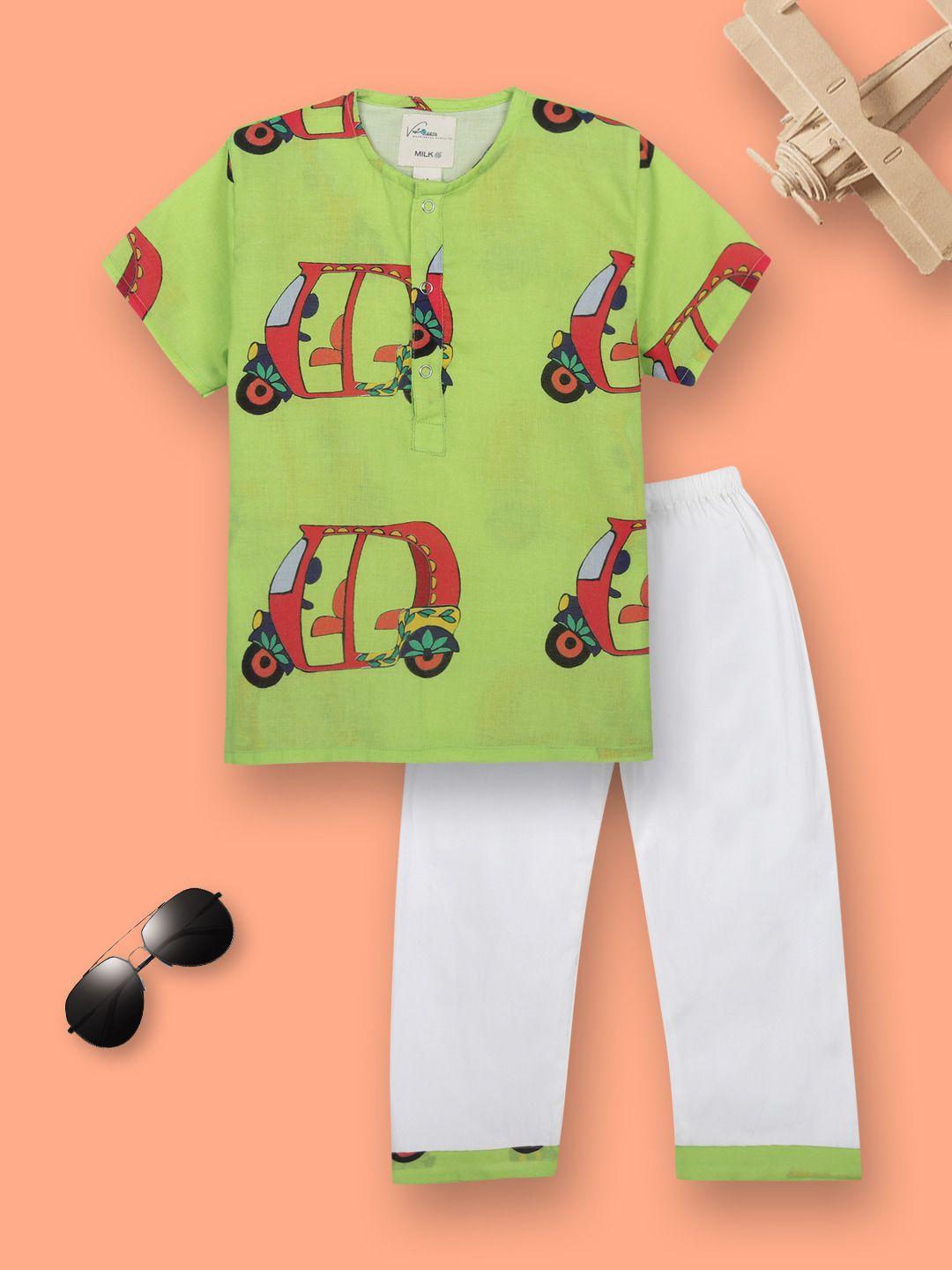 vastrarth unisex kids green & white printed night suit