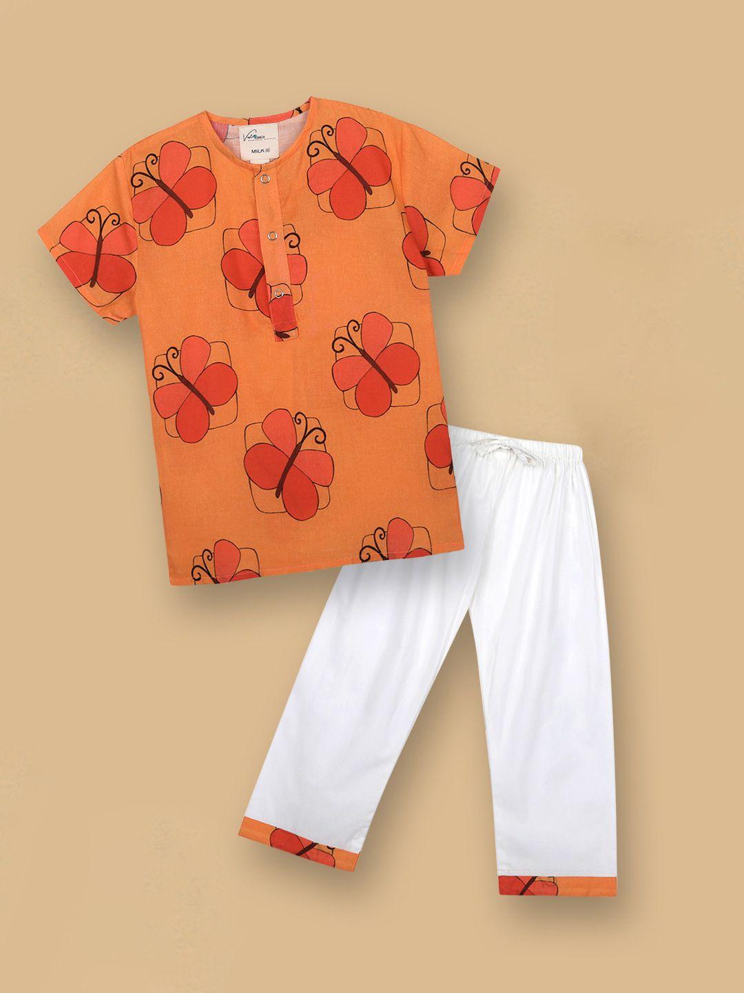 vastrarth unisex kids orange & white printed night suit