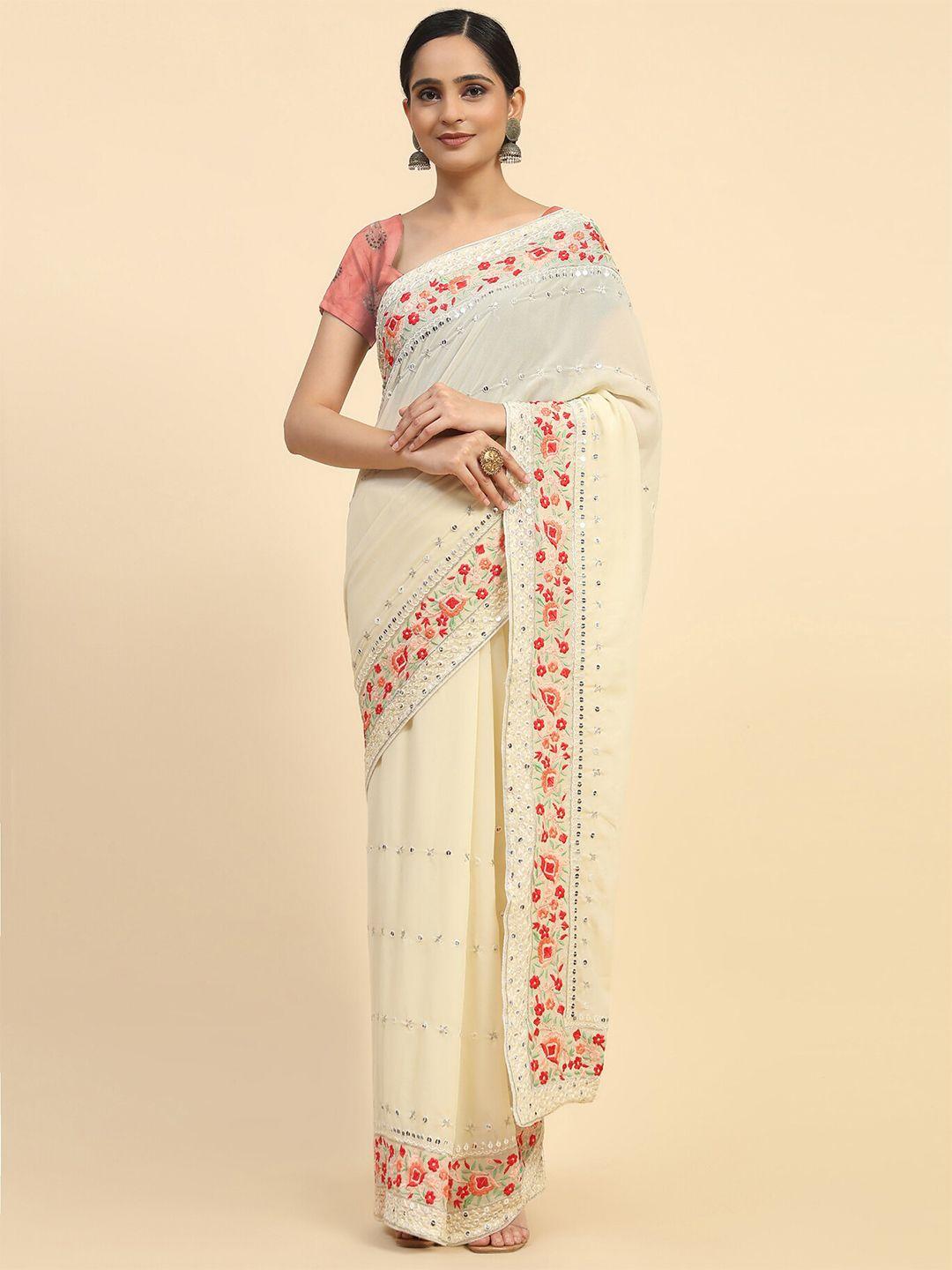 vastrasky global cream-coloured embellished embroidered pure georgette saree